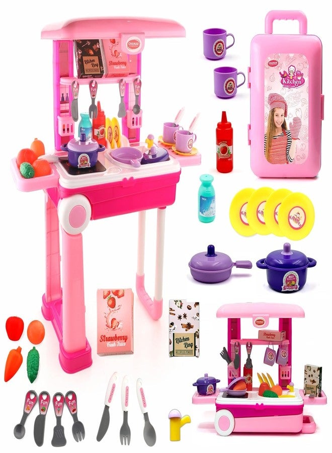 MKY® Kitchen Set for Girls, Kitchen Suitcase Set On Wheels, Colorful Pretend Play Cooking Set for Girls with 23 Pieces, Portable Kitchen Set for 3 Years, BIS Approved. (Kitchen Set Trolley) - Image 1